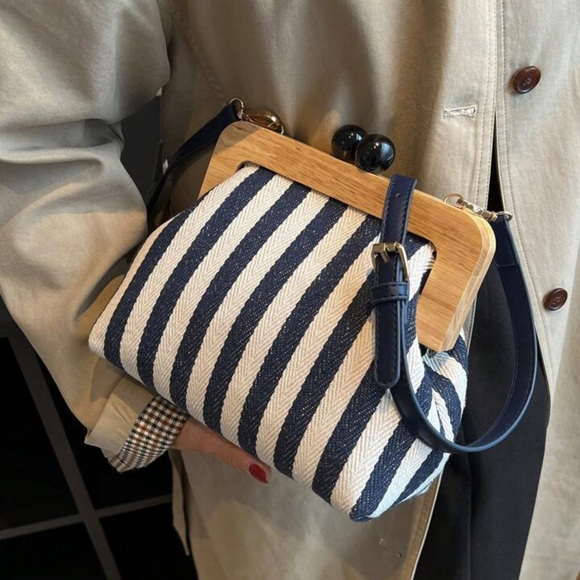 Striped crossbody bag shoulder striped handbag purse wood magnetic clutch canvas - Picture 2 of 10